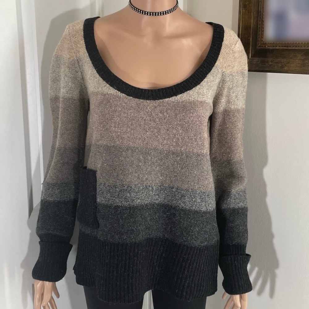 FREE PEOPLE Wool Neutral Color Block Sweater With Pocket & Wide Scoop Neck